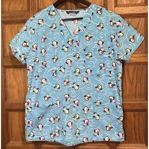 Cassandra O Christmas Penguins Scrub Shirt Women's M Blue Holiday Medical Top